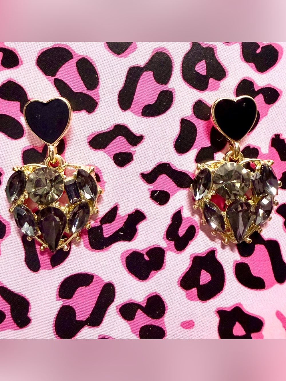 Gold Heart Earrings with Black and Smoky Crystals, Betsy Johnson inspired🩷🖤